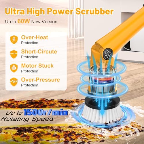 1500 RPM Electric Spin Scrubber for DeWalt 20V Battery, Power Shower Scrubber for Bathroom/Floor/Bathtub/Toilet/Tile,Electric Cleaning Brush with Long Handle & 8 Replaceable Brush
