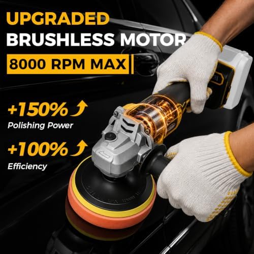 Upgraded Cordless Buffer Polisher Compatible with DEWALT 20V Battery, 8000 RPM Max Brushless Motor, Car Polisher 5" Backing Plate, Detachable Handle, Ideal for Car Detailing, Sanding & Waxing