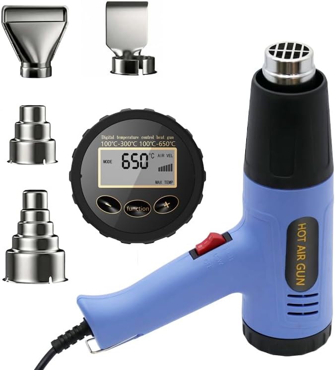 Digital LCD Heat Gun, 110V Hot Air Gun, 100-650℃（212-1202℉） 6 Modes, Rear Button Temp Control, 7S Delay Off, Overload Protection, 1.5M Cord Handheld Heat Gun for Crafts, Shrink Wrap, Paint Removing