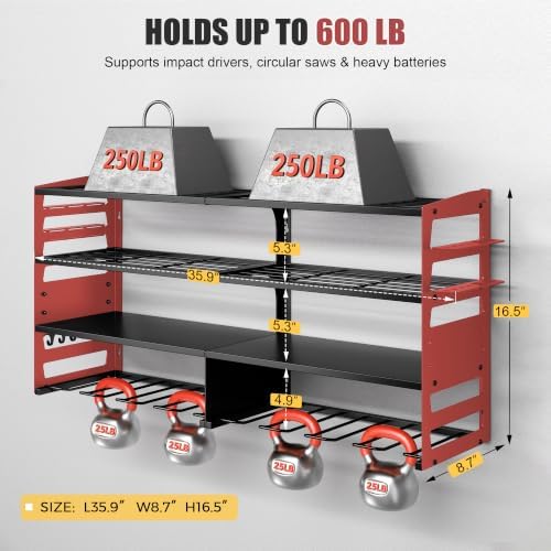 Gotega Power Tool Organizer Wall Mount, Heavy Duty Tool Storage Rack, Red