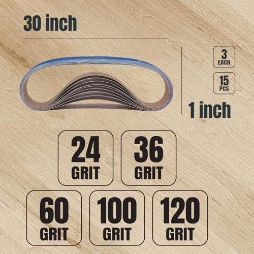 POWERTEC 1x30 Sanding Belts, 15PK, 3 Each of 24/36/60/100/120 Grits, 1 x 30 Inch Aluminum Oxide Sanding Belts for Belt Grinder, Belt and Disc Sander, Knife Sharpening, Woodworking (41300-1Z)