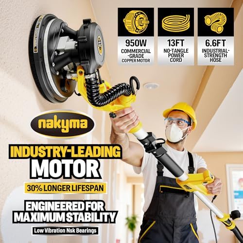 Drywall Sander, 950W 8.5A Electric Drywall Sander with Vacuum Dust Collector, 9 Variable Speed 800-2100RPM, Foldable & Extendable Handle, Wall Sander for Popcorn Ceiling, Drywall Pole Sander