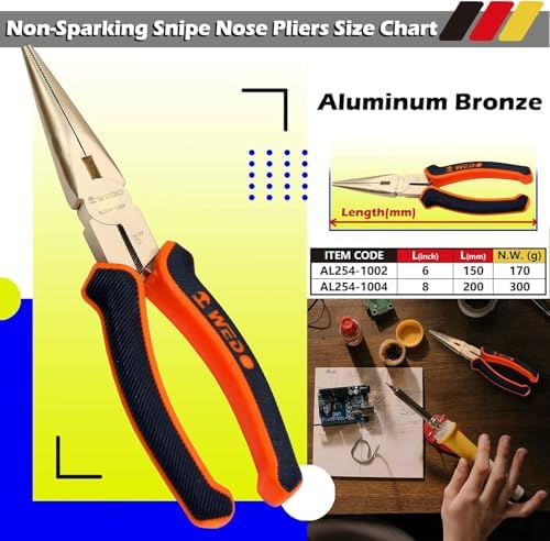 WEDO Needle Nose Pliers Non-Sparking, 150mm Precision Long Nose Pliers, Snipe Nose Plier with Wire Cutters, BAM & FM Certificate, Aluminum Bronze