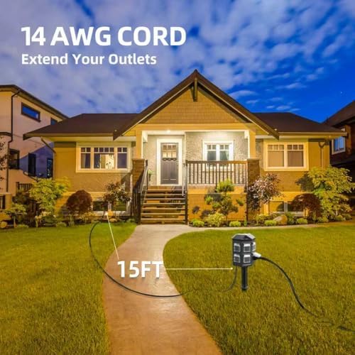 TiFFCOFiO Outdoor Power Strip Weatherproof, 15 FT Extension Cord with Stake, 6 Grounded Outlets for Christmas Yard Decorations and Inflatables, 15A/1875W, ETL Listed