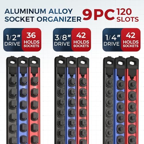 Reniteco Magnetic Socket Organizer Set, 9-Piece 1/4” 3/8” 1/2” Socket Rails | 120-Clip: 1/4" Rail-42 Clips, 3/8" Rail-42 Clips, 1/2" Rail-36 Clips, Heavy-Duty Aluminum Alloy Rails, Drawer or Wall Mount