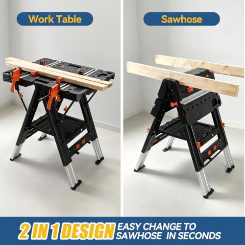 Portable Folding Workbench & Sawhorse 2-in-1, 800 LBS Heavy Duty