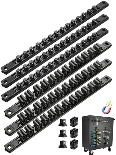 ALOANES 6PC Magnetic Tool Organizer Set - 36 Slot Screwdriver Holder & 42 Clip 3/8" Socket Rail, Heavy Duty Aluminum for Toolbox & Pegboard (Black)
