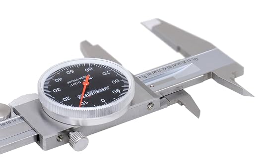 Accusize Industrial Tools 0-6" x 0.001" (Range x Resolution) Dial Caliper, Black Face Red Needle, Stainless Steel in Fitted Box, P920-B216 | 0-6" Range, 0.001" Resolution, Stainless Steel, Satin Chrome Finish, Covered Rack, P920-B216