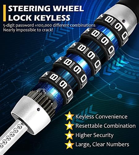 Tevlaphee Steering Wheel Lock, Car Lock Anti Theft Keyless Extendable Retractable Password 5 Coded Combination Lock, Heavy Duty Universal Fit (Black)