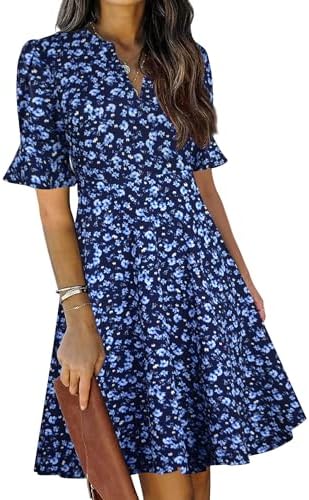 Mokayee Womens Summer V Neck Ruffle Short Sleeve Fit and Flare Knee Length Church Wedding Guest Dresses with Pockets