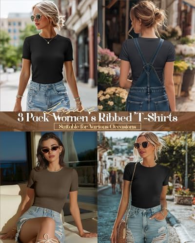 Ficerd 3 Pack Women's Ribbed Short Sleeve T-Shirts