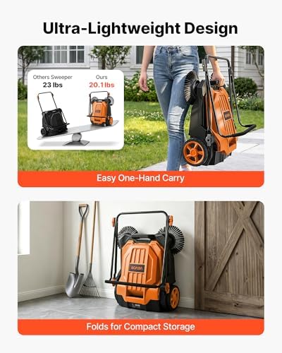 VEVOR Walk-Behind Hand Push Floor Sweeper, Manual Floor Sweeper Non-Electric with 25.6" Sweeping Width, 5 Gallons Waste Container & Adjustable Folding Handle for Yards Walkways Patios Garages - Orange