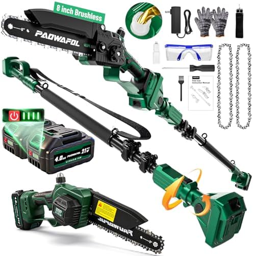 2-in-1 Electric Pole Saws for Tree Trimming, 8 Inch Cordless Mini Chainsaw with 15 FT Extension Pole, Pole Saw Battery Powered with 2*4.0Ah Battery, Tree Trimmer Pole Saw for Branch Cutting