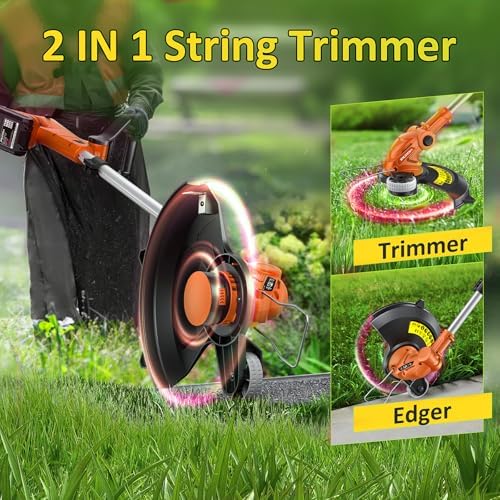 Electric String Trimmer Cordless with 2x2.0Ah Battery, 20V Weed Wacker Weed Eater with Charger, 12" Lawn Mover & Edger Lawn Tool, Powered Grass Trimmer with 8pcs Spool Line for Yard, Garden, Orange