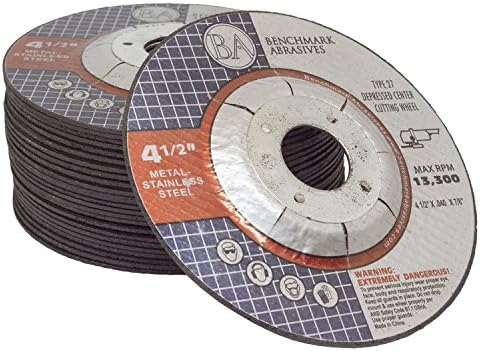 Benchmark Abrasives Grinder Cut Off Wheels 4 1/2 Inch Aluminum Oxide Depressed Center Thin Type 27 for Metals, .040" Thick 7/8" Arbor, Angle Grinder Cutting Disc, Grinding Cutting Wheel - 50 Pack