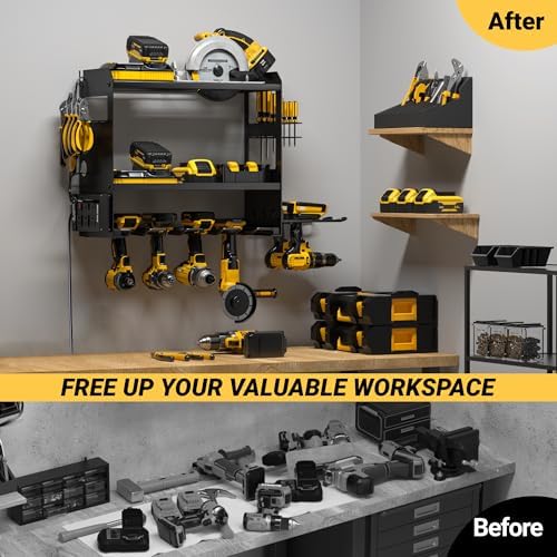 YYR Power Tool Organizer Wall Mount with Charging Station, Cordless Tools Hanger and Battery Storage Rack for Garage Organization, Heavy Duty Drill Holder Shelf Build in Metal Power Strip - Black