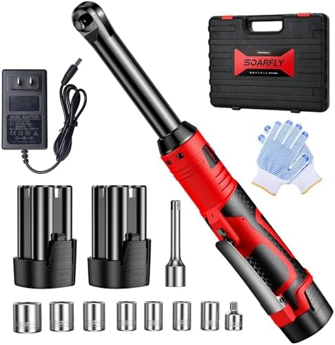 SOARFLY 3/8" Cordless Ratchet Wrench Set, Extended Electric Ratchet Wrench, 40 Ft-lbs (55 N.m), 450 RPM, 16.8V Wrench Ratchet Set with 2*2000mAh Lithium Batteries, Variable Speed, 7 Sockets, LED Light