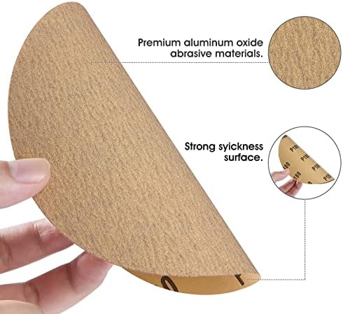 CowboyBOB 100PCS 6 inch Gold PSA Sanding Discs 180 Grit Self Adhesive Sticky-Back Sandpaper Aluminum Oxide Abrasive Sand Paper Woodworking Wood Metal Sanding Disc Roll