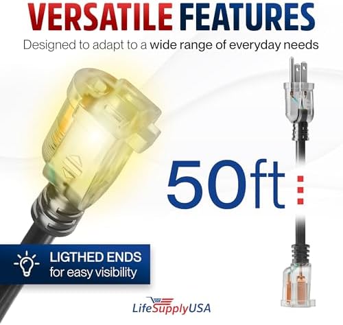 50ft Outdoor/Indoor Extension Cord 16/3 Gauge Heavy Duty 3 Prong SJTW, Waterproof, Flexible Cold-Resistant Long Power Cord,13A 125V 1625W, Black by LifeSupplyUSA