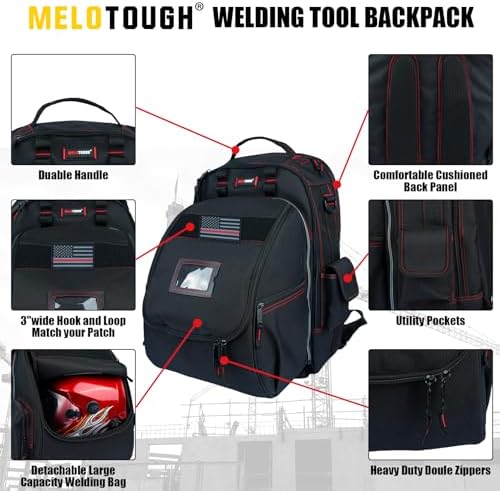 MELOTOUGH Welding Tool backpack for Tools and Helmet Extreme Gear Pack with Large Capacity Helmet Holder Luggage Storage Bag (Black)