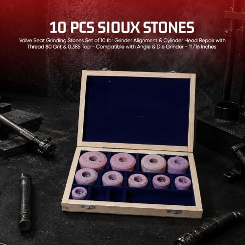 Valve Seat Grinding Stones Set of 10 for Grinder Alignment & Cylinder Head Repair with Thread 80 Grit & 0.385 Top - Compatible with Angel & Die Grinder - 11/16 Inches