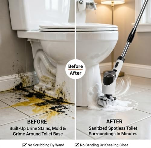 Electric Spin Scrubber for Bathroom, Cordless Power Scrubber with Extendable Handle, 3 Speeds, Digital Display and 8 Brush Heads for Shower, Bathtub, Tile, Grout, Floor and Kitchen,Black