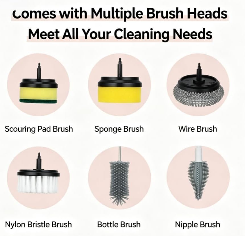 ScrubNinja Electric Spin Scrubber,Cordless Household Cleaning Brush with 4 Replaceable Heads (Pink2)