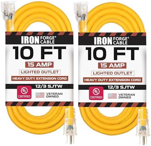 IRON FORGE CABLE 2 Pack of 10 Foot Outdoor Extension Cords - 12/3 SJTW Heavy Duty Lighted Yellow Extension Cable Set, 15 AMP
