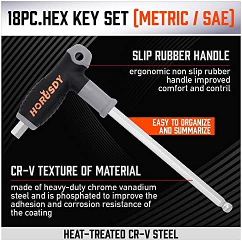 HORUSDY 18-Piece T-Handle allen wrench set, Inch/Metric Long Arm Ball End Hex Key Wrench Set, MM(1.5mm-10mm) SAE(1/16"-3/8")