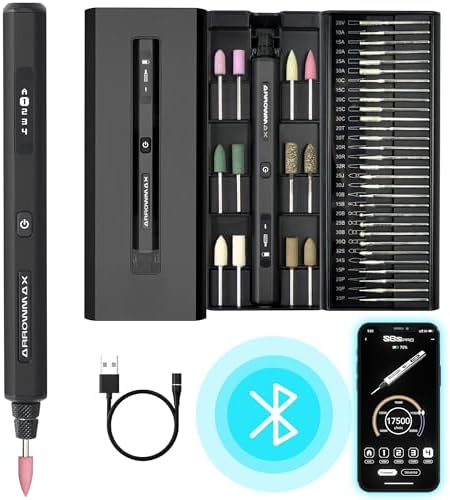 AM ARROWMAX Mini Engraving Pen with 42 Bits - Rotary Tool Smart Motion Control, OLED, Bluetooth, APP, Wireless Magnetic Charge, Engraving Pen for Metal, Wood, Glass and Plastic (SGS PRO) Black