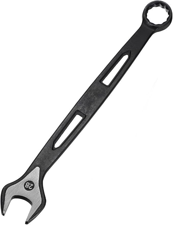 HARFINGTON Combination Wrench 28mm Metric Extra Long 12-Point Box and Open End Carbon Steel Double Ended Industrial Grade Spanner for Automotive Furniture Machinery DIY Repair, Black
