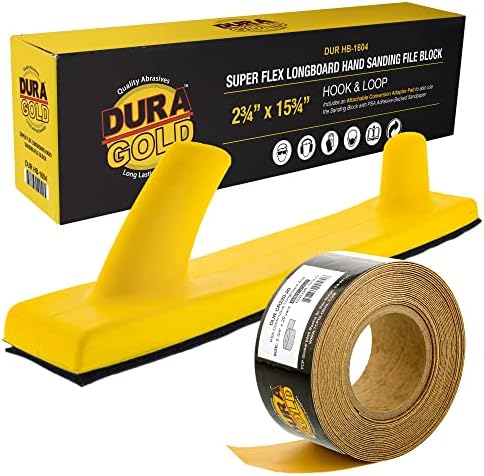 Dura-Gold Pro Series Super Flex Longboard Hand Sanding File Block with Hook & Loop Backing and PSA Backing Adapter Pad & 220 Grit PSA Longboard Sandpaper 20 Yard Roll, 2-3/4" Wide