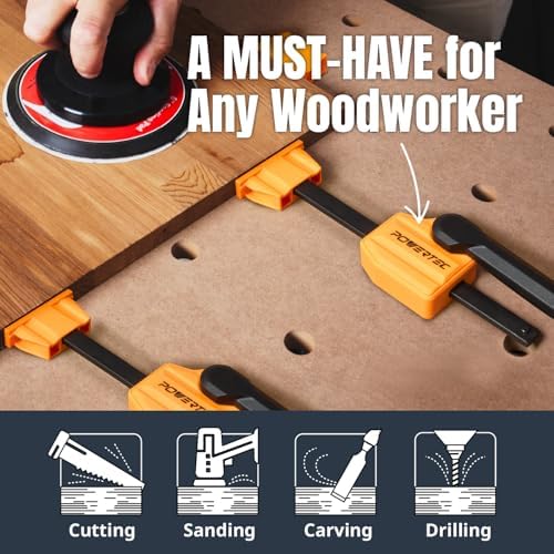 POWERTEC Bench Dog Clamps w/Bench Pucks Work Grippers Finishing Cone Fits 3/4" Dog Hole on Work Bench & T Track for Sanding, Routing, Finishing, Painting & Woodworking Tools (72241)