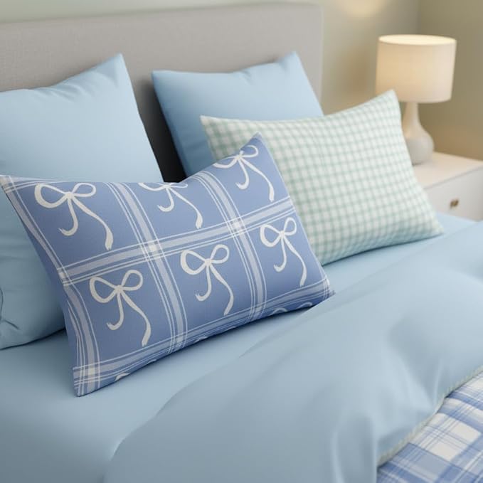 Sedefen Blue Plaid Duvet Cover Queen Size Gingham Bedding Set Kids Boys Girls Checked Bowknot Floral Spring Aesthetic Chic Soft Breathable Bedding Set 3 Pcs with 2 Pillowcases
