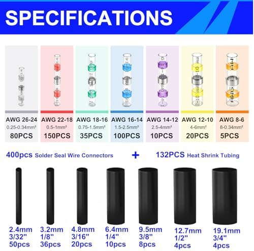 532PCS Heat Shrink Solder Seal Wire Connectors Kit with Mini Heat Gun, Solder Stick Wire Connectors Waterproof Wire Electrical Connector Kit for Marine, Automotive, Boat, Truck (26-6 Gauge)