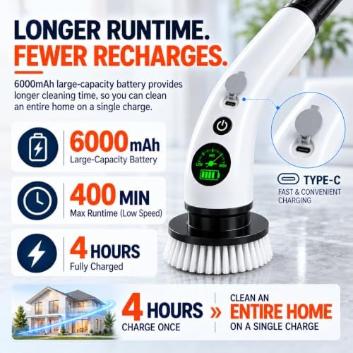 PPLEE Electric Spin Scrubber, Cordless Spin Scrubber, 3 Speeds, Long Handle