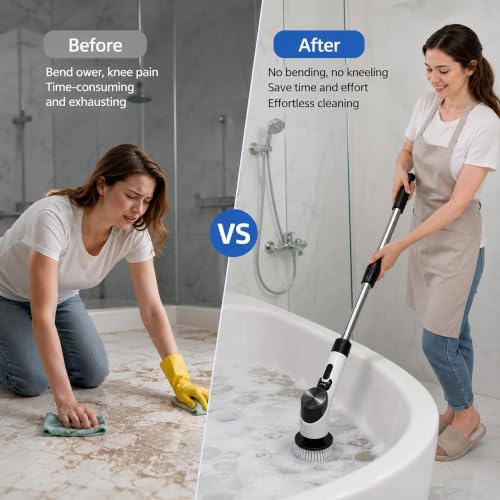 Electric Spin Scrubber for Bathroom, Cordless Power Scrubber with Extendable Handle, 3 Speeds, Digital Display and 8 Brush Heads for Shower, Bathtub, Tile, Grout, Floor and Kitchen,Black
