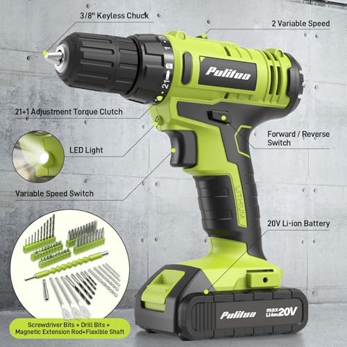 PULITUO 199-Piece Power Tool Set with 20V Cordless Drill Driver, Electric Screwdriver, 2 Batteries, Charger, LED Light and Toolbox, Home DIY Drill Set for Women and Men(Green)
