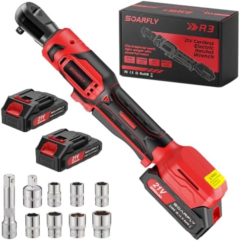 SOARFLY 3/8" Cordless Ratchet Wrench, Power Ratchet Tool Set, 60 Ft-Lbs(80N.m) Electric Ratchet Wrench with 2 * 2000mAh Lithium Batteries, 7 Sockets, LED Light, 1/4" Adapter, 3" Extension Bar