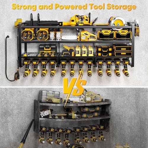 POKIPO Power Tool Organizer Wall Mount with Charging Station, 4 Tier Tool Battery Storage Rack Built in 8 Outlet Power Strip for Garage, 49" W, Black