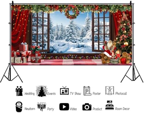 20x10ft Christmas Window Backdrop for Photography Winter Wonderland Snow Mountain Christmas Tree Photo Background Xmas Theme Holiday Party Decorations Banner Family Photoshoot Background
