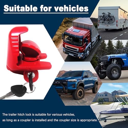 Trailer Hitch Locks with Keys, Universal Size Fit 1-7/8,2-5/16,2 Inch Ball Hitch Coupler Lock, Adjustable Heavy Duty Steel Trailer Tongue Lock for Boat, Trailers and RV, Anti-Theft Hitches, Red-1 Pack