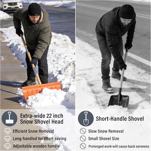 Snow Pusher and Ice Scraper, 22" Snow Shovel Plow 6" Flat Shovel with Adjustable Long Wooden Handle for Blacktop, Decks, Outdoor driveways