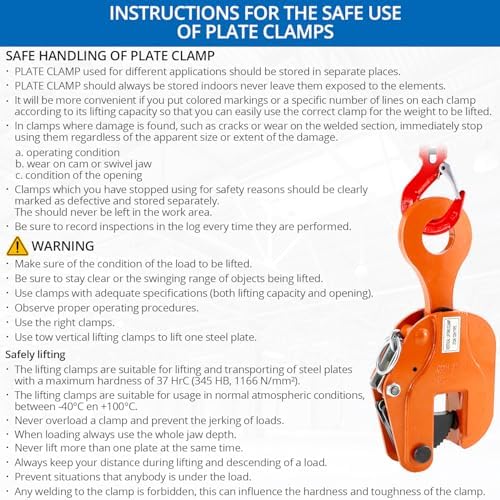 QWORK 2-Ton Heavy Duty Vertical Plate Lifting Clamp, 4400 lbs Capacity, Sheet Metal Lifting Clamp for Welding and Building, Orange Steel Plate Lifting Clamps