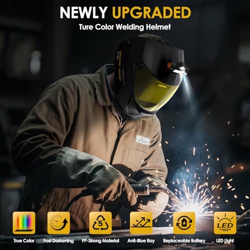 Welding Helmet Auto Darkening with Light, Welding Hood True Color Large Viewing, Welding Mask Solar/Battery Powered, Wide Shade 4/5-13 with 4 Arc Sensor, Optical Clarity for TIG MIG ARC Grind
