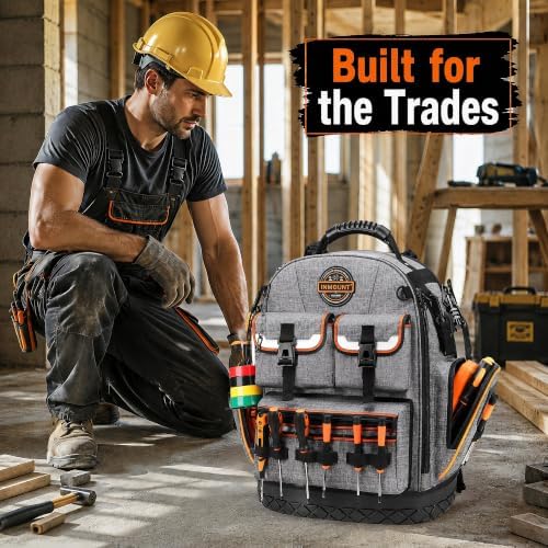 LOKASS Tool Backpack Heavy Duty, 18.5 in, 56 Pockets, Molded Bottom, Gray