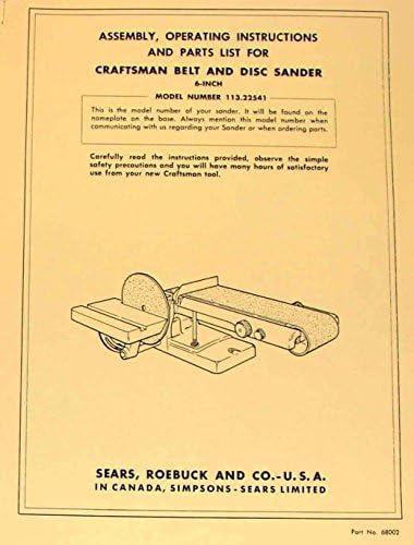 CRAFTSMAN 6" Belt & Disc Sander 113.22541 Owner's & Parts Manual