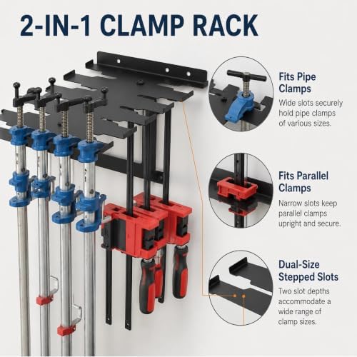 Wall Mount Pipe & Parallel Clamp Rack, Heavy Duty Steel for 12 Clamps