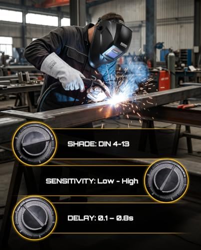 SEESII Auto Darkening Welding Helmet with Welding Gloves - 1/1/1/1 True Color Welding Hood, Blue Light Blocking, High-Impact Welder Mask, 13-Inch Heat Resistant Full Protection for TIG MIG ARC GRIND