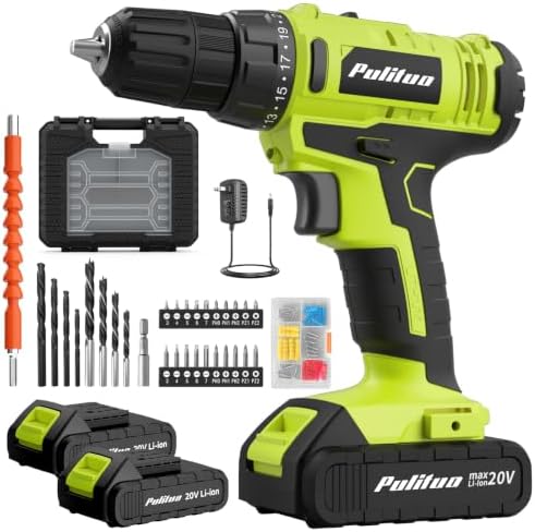 PULITUO 20V Cordless Drill Set, 2 Batteries Electric Screwdriver, 30Nm Power Drill Driver, 21+1 Torque, 2 Speed, 3/8"Keyless Chuck, power Drill with LED Light, Drill Driver Kit for Home (Green)